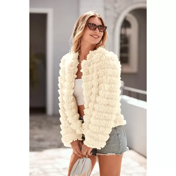 imagePRETTYGARDEN Womens 2023 Winter Coats Fashion Faux Fur Long Sleeve Fleece Shaggy Lightweight Fall Cropped Jacket OuterwearBeige Yellow