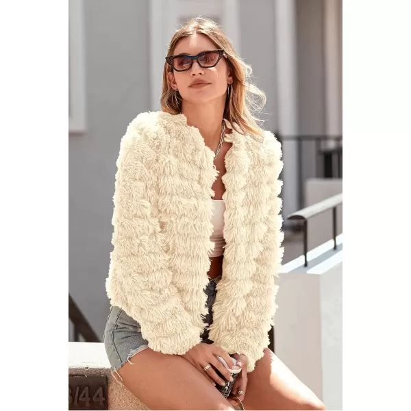imagePRETTYGARDEN Womens 2023 Winter Coats Fashion Faux Fur Long Sleeve Fleece Shaggy Lightweight Fall Cropped Jacket OuterwearBeige Yellow