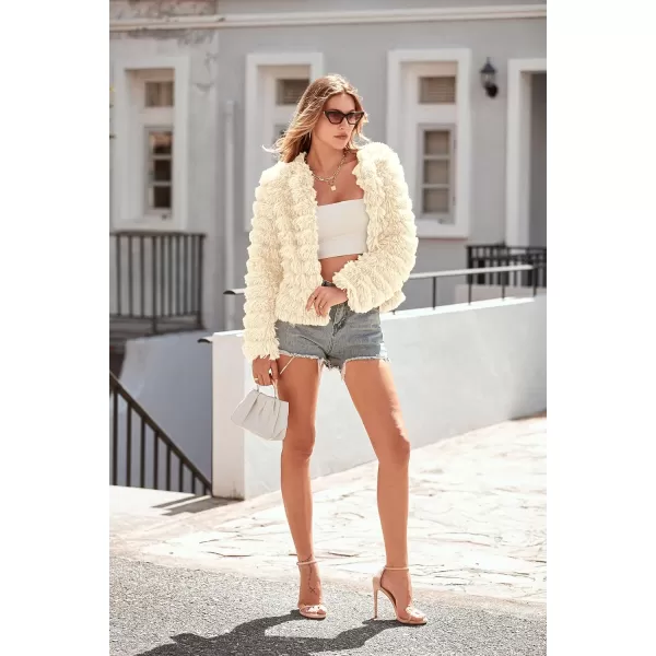 imagePRETTYGARDEN Womens 2023 Winter Coats Fashion Faux Fur Long Sleeve Fleece Shaggy Lightweight Fall Cropped Jacket OuterwearBeige Yellow