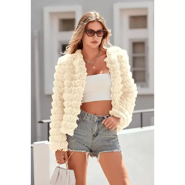 imagePRETTYGARDEN Womens 2023 Winter Coats Fashion Faux Fur Long Sleeve Fleece Shaggy Lightweight Fall Cropped Jacket OuterwearBeige Yellow