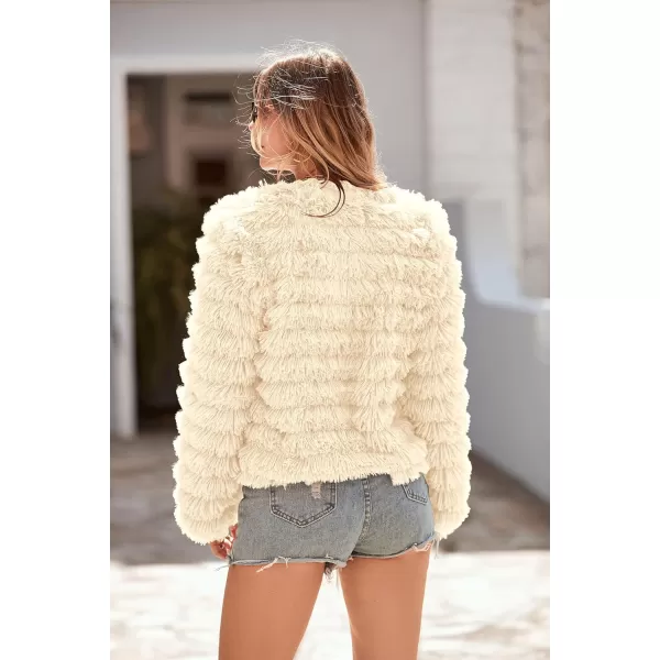 imagePRETTYGARDEN Womens 2023 Winter Coats Fashion Faux Fur Long Sleeve Fleece Shaggy Lightweight Fall Cropped Jacket OuterwearBeige Yellow