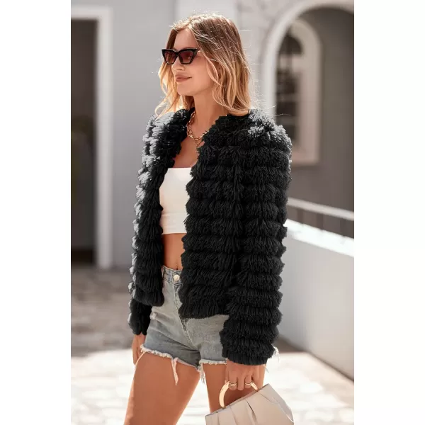 imagePRETTYGARDEN Womens 2023 Winter Coats Fashion Faux Fur Long Sleeve Fleece Shaggy Lightweight Fall Cropped Jacket OuterwearBlack