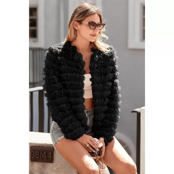 imagePRETTYGARDEN Womens 2023 Winter Coats Fashion Faux Fur Long Sleeve Fleece Shaggy Lightweight Fall Cropped Jacket OuterwearBlack
