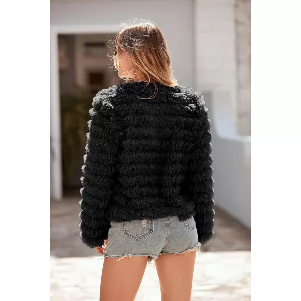 imagePRETTYGARDEN Womens 2023 Winter Coats Fashion Faux Fur Long Sleeve Fleece Shaggy Lightweight Fall Cropped Jacket OuterwearBlack
