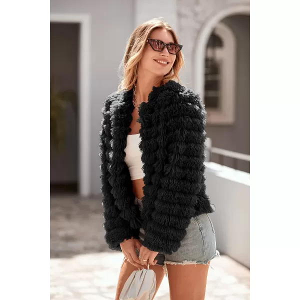 imagePRETTYGARDEN Womens 2023 Winter Coats Fashion Faux Fur Long Sleeve Fleece Shaggy Lightweight Fall Cropped Jacket OuterwearBlack