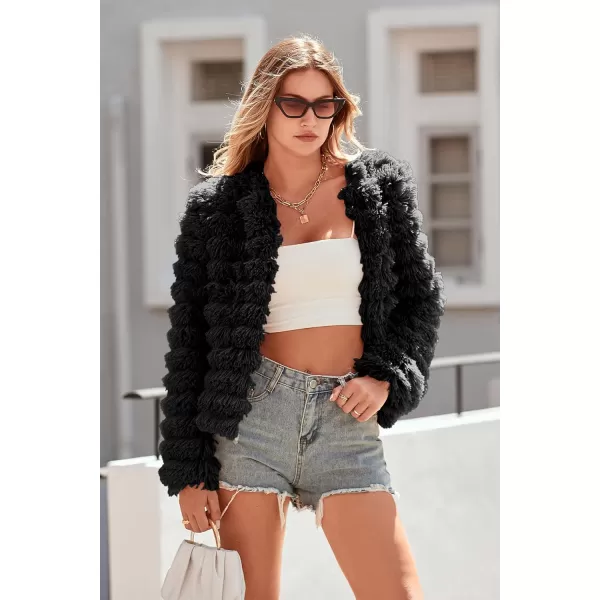 imagePRETTYGARDEN Womens 2023 Winter Coats Fashion Faux Fur Long Sleeve Fleece Shaggy Lightweight Fall Cropped Jacket OuterwearBlack