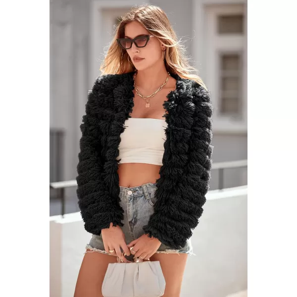 imagePRETTYGARDEN Womens 2023 Winter Coats Fashion Faux Fur Long Sleeve Fleece Shaggy Lightweight Fall Cropped Jacket OuterwearBlack