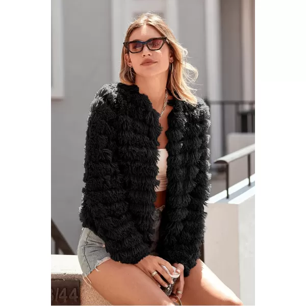 imagePRETTYGARDEN Womens 2023 Winter Coats Fashion Faux Fur Long Sleeve Fleece Shaggy Lightweight Fall Cropped Jacket OuterwearBlack