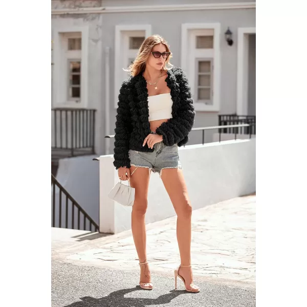 imagePRETTYGARDEN Womens 2023 Winter Coats Fashion Faux Fur Long Sleeve Fleece Shaggy Lightweight Fall Cropped Jacket OuterwearBlack