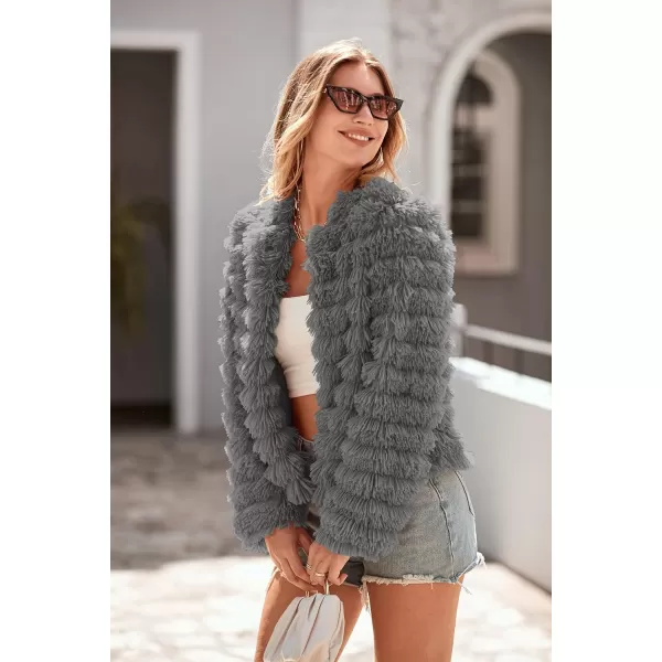 imagePRETTYGARDEN Womens 2023 Winter Coats Fashion Faux Fur Long Sleeve Fleece Shaggy Lightweight Fall Cropped Jacket OuterwearDark Grey