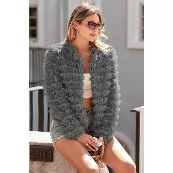 imagePRETTYGARDEN Womens 2023 Winter Coats Fashion Faux Fur Long Sleeve Fleece Shaggy Lightweight Fall Cropped Jacket OuterwearDark Grey