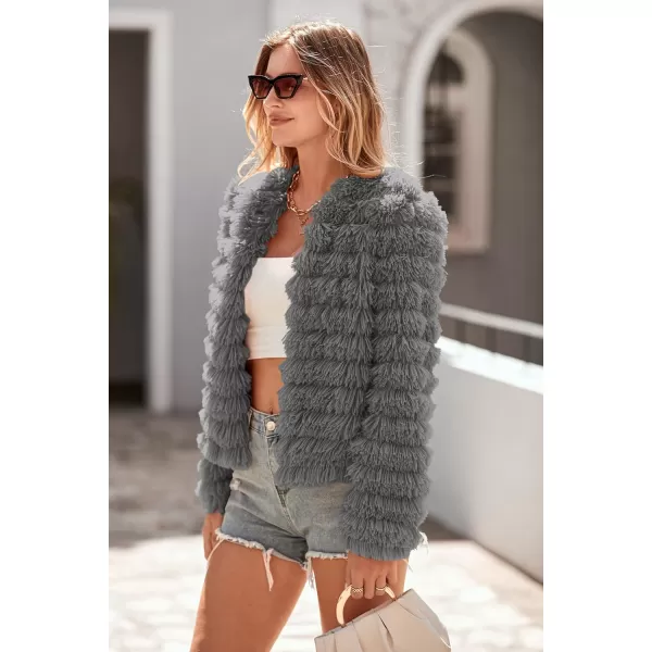 imagePRETTYGARDEN Womens 2023 Winter Coats Fashion Faux Fur Long Sleeve Fleece Shaggy Lightweight Fall Cropped Jacket OuterwearDark Grey