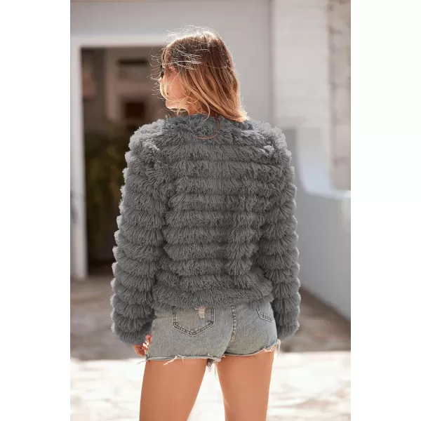 imagePRETTYGARDEN Womens 2023 Winter Coats Fashion Faux Fur Long Sleeve Fleece Shaggy Lightweight Fall Cropped Jacket OuterwearDark Grey