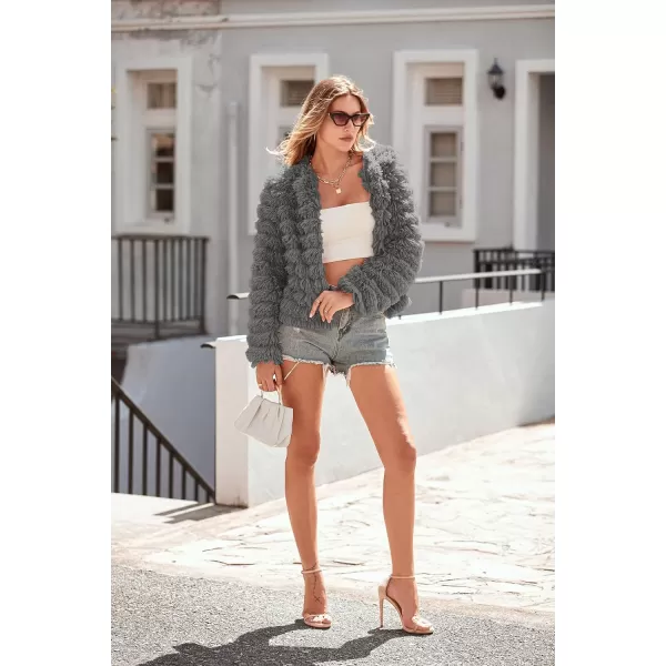 imagePRETTYGARDEN Womens 2023 Winter Coats Fashion Faux Fur Long Sleeve Fleece Shaggy Lightweight Fall Cropped Jacket OuterwearDark Grey