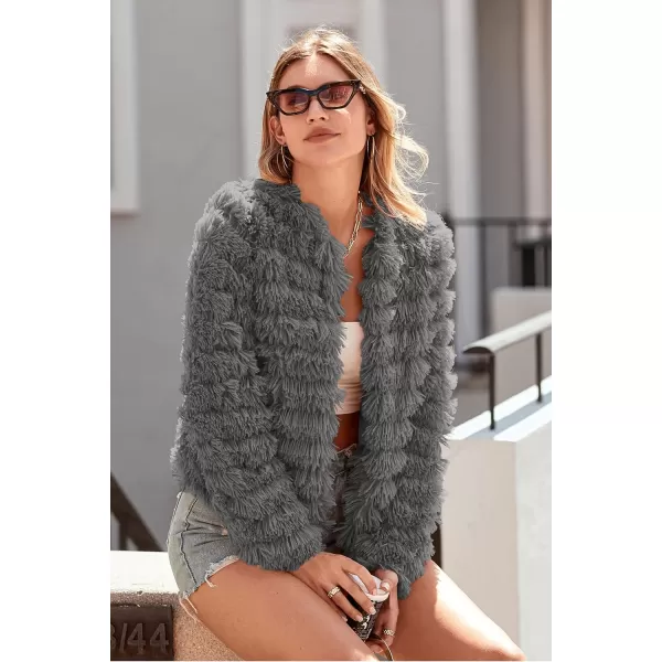 imagePRETTYGARDEN Womens 2023 Winter Coats Fashion Faux Fur Long Sleeve Fleece Shaggy Lightweight Fall Cropped Jacket OuterwearDark Grey