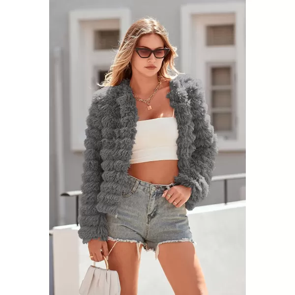imagePRETTYGARDEN Womens 2023 Winter Coats Fashion Faux Fur Long Sleeve Fleece Shaggy Lightweight Fall Cropped Jacket OuterwearDark Grey