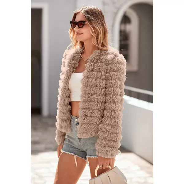 imagePRETTYGARDEN Womens 2023 Winter Coats Fashion Faux Fur Long Sleeve Fleece Shaggy Lightweight Fall Cropped Jacket OuterwearDark Khaki