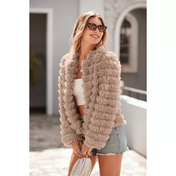 imagePRETTYGARDEN Womens 2023 Winter Coats Fashion Faux Fur Long Sleeve Fleece Shaggy Lightweight Fall Cropped Jacket OuterwearDark Khaki