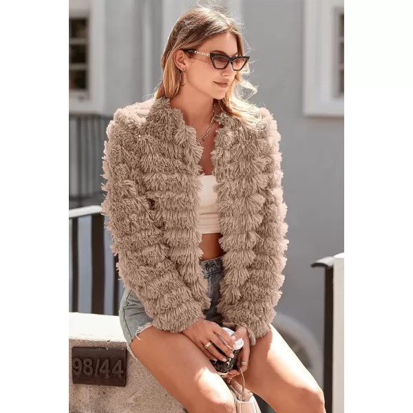 imagePRETTYGARDEN Womens 2023 Winter Coats Fashion Faux Fur Long Sleeve Fleece Shaggy Lightweight Fall Cropped Jacket OuterwearDark Khaki