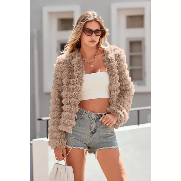 imagePRETTYGARDEN Womens 2023 Winter Coats Fashion Faux Fur Long Sleeve Fleece Shaggy Lightweight Fall Cropped Jacket OuterwearDark Khaki