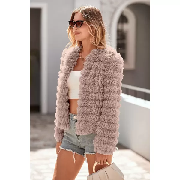 imagePRETTYGARDEN Womens 2023 Winter Coats Fashion Faux Fur Long Sleeve Fleece Shaggy Lightweight Fall Cropped Jacket OuterwearLight Khaki