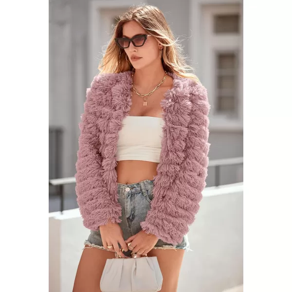 imagePRETTYGARDEN Womens 2023 Winter Coats Fashion Faux Fur Long Sleeve Fleece Shaggy Lightweight Fall Cropped Jacket OuterwearPink
