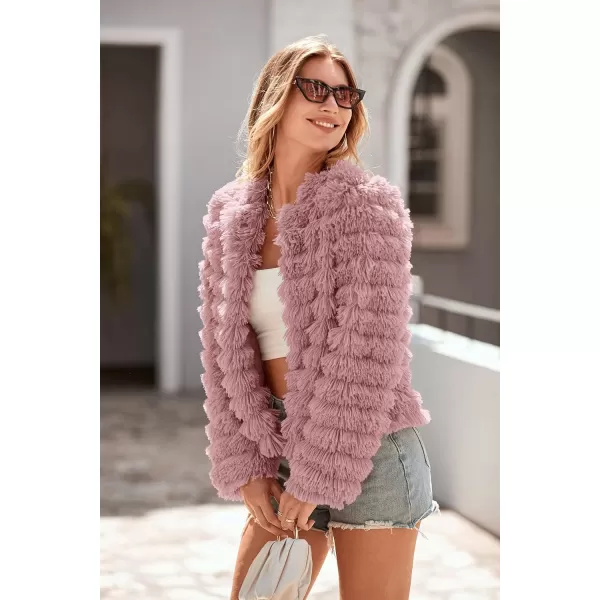 imagePRETTYGARDEN Womens 2023 Winter Coats Fashion Faux Fur Long Sleeve Fleece Shaggy Lightweight Fall Cropped Jacket OuterwearPink
