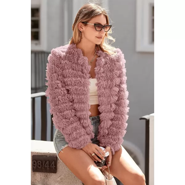 imagePRETTYGARDEN Womens 2023 Winter Coats Fashion Faux Fur Long Sleeve Fleece Shaggy Lightweight Fall Cropped Jacket OuterwearPink