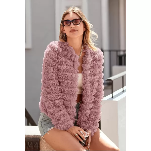 imagePRETTYGARDEN Womens 2023 Winter Coats Fashion Faux Fur Long Sleeve Fleece Shaggy Lightweight Fall Cropped Jacket OuterwearPink