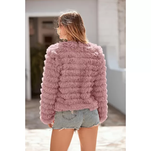 imagePRETTYGARDEN Womens 2023 Winter Coats Fashion Faux Fur Long Sleeve Fleece Shaggy Lightweight Fall Cropped Jacket OuterwearPink