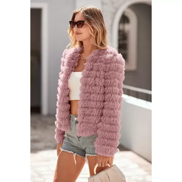imagePRETTYGARDEN Womens 2023 Winter Coats Fashion Faux Fur Long Sleeve Fleece Shaggy Lightweight Fall Cropped Jacket OuterwearPink