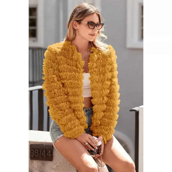 imagePRETTYGARDEN Womens 2023 Winter Coats Fashion Faux Fur Long Sleeve Fleece Shaggy Lightweight Fall Cropped Jacket OuterwearYellow