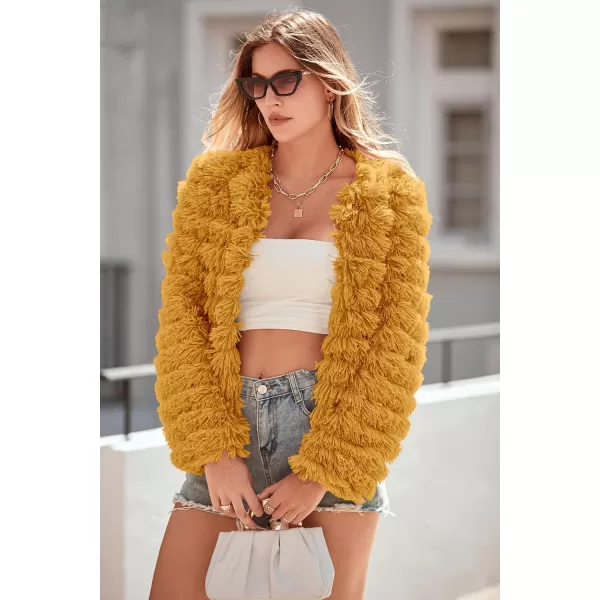 imagePRETTYGARDEN Womens 2023 Winter Coats Fashion Faux Fur Long Sleeve Fleece Shaggy Lightweight Fall Cropped Jacket OuterwearYellow