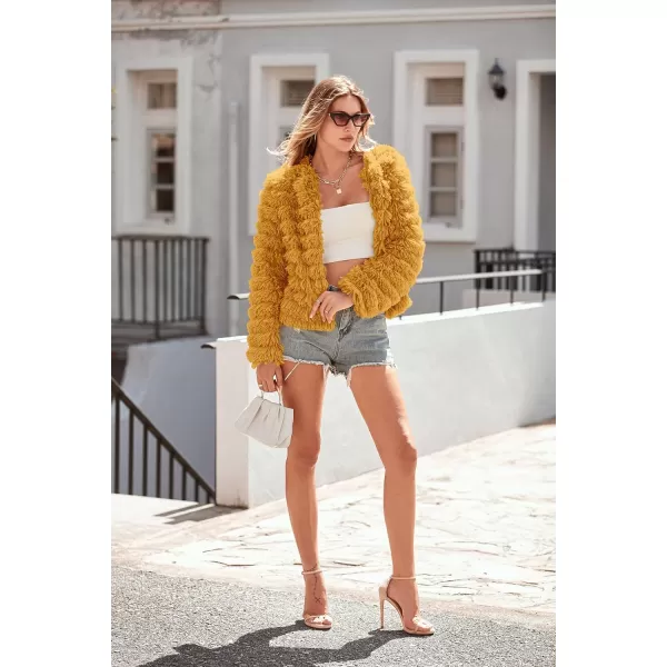 imagePRETTYGARDEN Womens 2023 Winter Coats Fashion Faux Fur Long Sleeve Fleece Shaggy Lightweight Fall Cropped Jacket OuterwearYellow