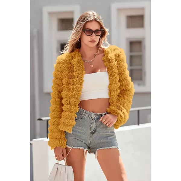 imagePRETTYGARDEN Womens 2023 Winter Coats Fashion Faux Fur Long Sleeve Fleece Shaggy Lightweight Fall Cropped Jacket OuterwearYellow