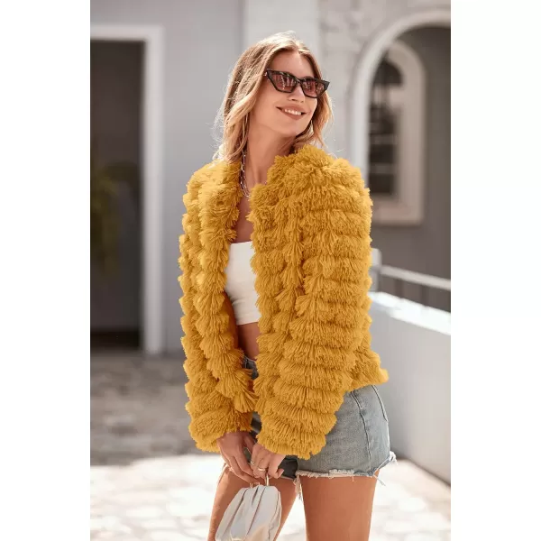imagePRETTYGARDEN Womens 2023 Winter Coats Fashion Faux Fur Long Sleeve Fleece Shaggy Lightweight Fall Cropped Jacket OuterwearYellow