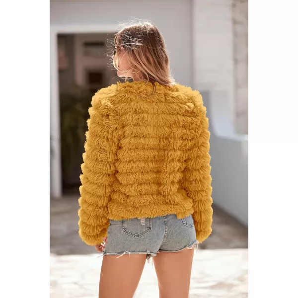 imagePRETTYGARDEN Womens 2023 Winter Coats Fashion Faux Fur Long Sleeve Fleece Shaggy Lightweight Fall Cropped Jacket OuterwearYellow