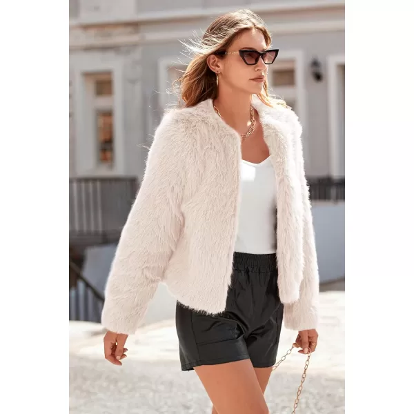 imagePRETTYGARDEN Womens 2023 Winter Coats Fleece Cropped Jacket Faux Fur Long Sleeve Pockets Shaggy Warm Outerwear Fall ClothesApricot
