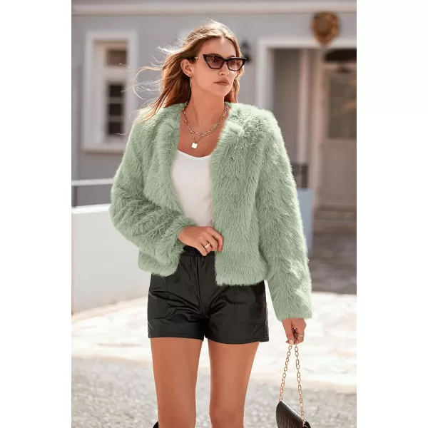 imagePRETTYGARDEN Womens 2023 Winter Coats Fleece Cropped Jacket Faux Fur Long Sleeve Pockets Shaggy Warm Outerwear Fall ClothesBean Green