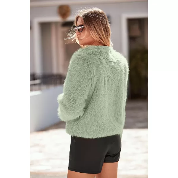 imagePRETTYGARDEN Womens 2023 Winter Coats Fleece Cropped Jacket Faux Fur Long Sleeve Pockets Shaggy Warm Outerwear Fall ClothesBean Green