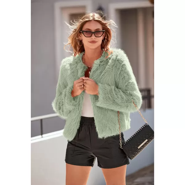 imagePRETTYGARDEN Womens 2023 Winter Coats Fleece Cropped Jacket Faux Fur Long Sleeve Pockets Shaggy Warm Outerwear Fall ClothesBean Green