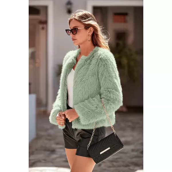 imagePRETTYGARDEN Womens 2023 Winter Coats Fleece Cropped Jacket Faux Fur Long Sleeve Pockets Shaggy Warm Outerwear Fall ClothesBean Green
