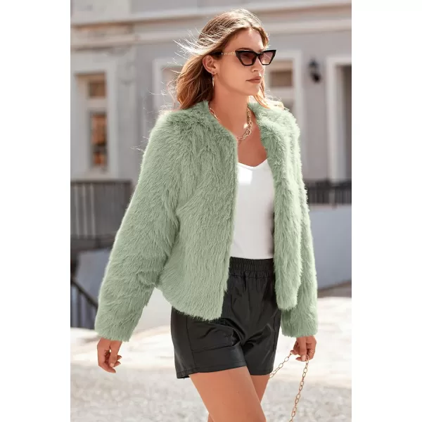 imagePRETTYGARDEN Womens 2023 Winter Coats Fleece Cropped Jacket Faux Fur Long Sleeve Pockets Shaggy Warm Outerwear Fall ClothesBean Green