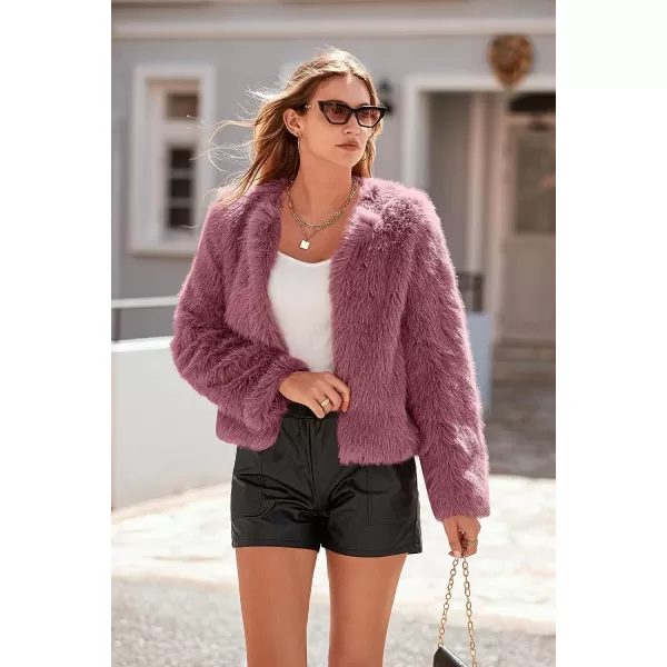 imagePRETTYGARDEN Womens 2023 Winter Coats Fleece Cropped Jacket Faux Fur Long Sleeve Pockets Shaggy Warm Outerwear Fall ClothesBean Paste Red