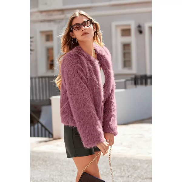 imagePRETTYGARDEN Womens 2023 Winter Coats Fleece Cropped Jacket Faux Fur Long Sleeve Pockets Shaggy Warm Outerwear Fall ClothesBean Paste Red