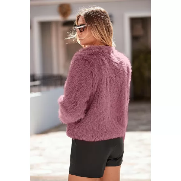 imagePRETTYGARDEN Womens 2023 Winter Coats Fleece Cropped Jacket Faux Fur Long Sleeve Pockets Shaggy Warm Outerwear Fall ClothesBean Paste Red