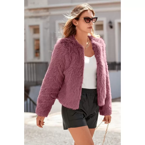 imagePRETTYGARDEN Womens 2023 Winter Coats Fleece Cropped Jacket Faux Fur Long Sleeve Pockets Shaggy Warm Outerwear Fall ClothesBean Paste Red