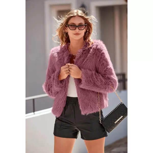 imagePRETTYGARDEN Womens 2023 Winter Coats Fleece Cropped Jacket Faux Fur Long Sleeve Pockets Shaggy Warm Outerwear Fall ClothesBean Paste Red
