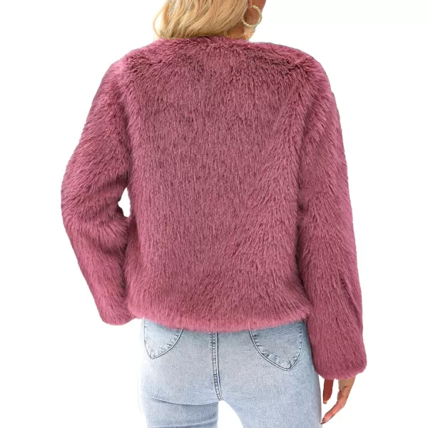 imagePRETTYGARDEN Womens 2023 Winter Coats Fleece Cropped Jacket Faux Fur Long Sleeve Pockets Shaggy Warm Outerwear Fall ClothesBean Paste Red