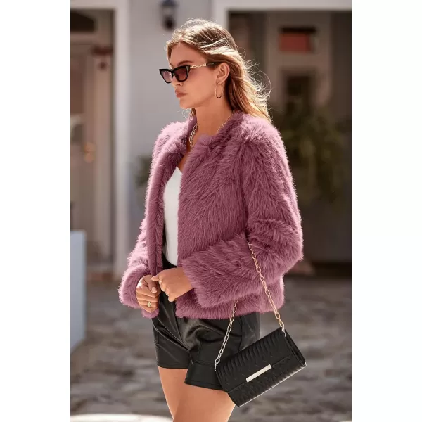 imagePRETTYGARDEN Womens 2023 Winter Coats Fleece Cropped Jacket Faux Fur Long Sleeve Pockets Shaggy Warm Outerwear Fall ClothesBean Paste Red